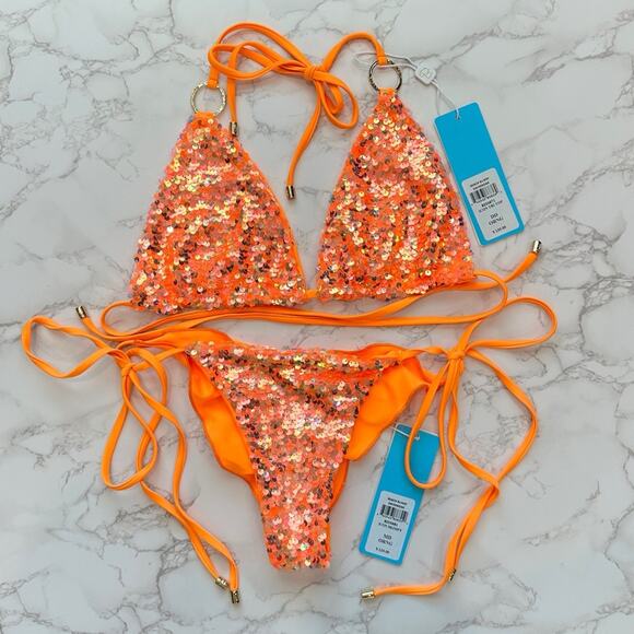 Beach Bunny Orange Icon Triangle Top DD & Icon Tie Side Skimpy Bottom M $250 - Picture 10 of 12